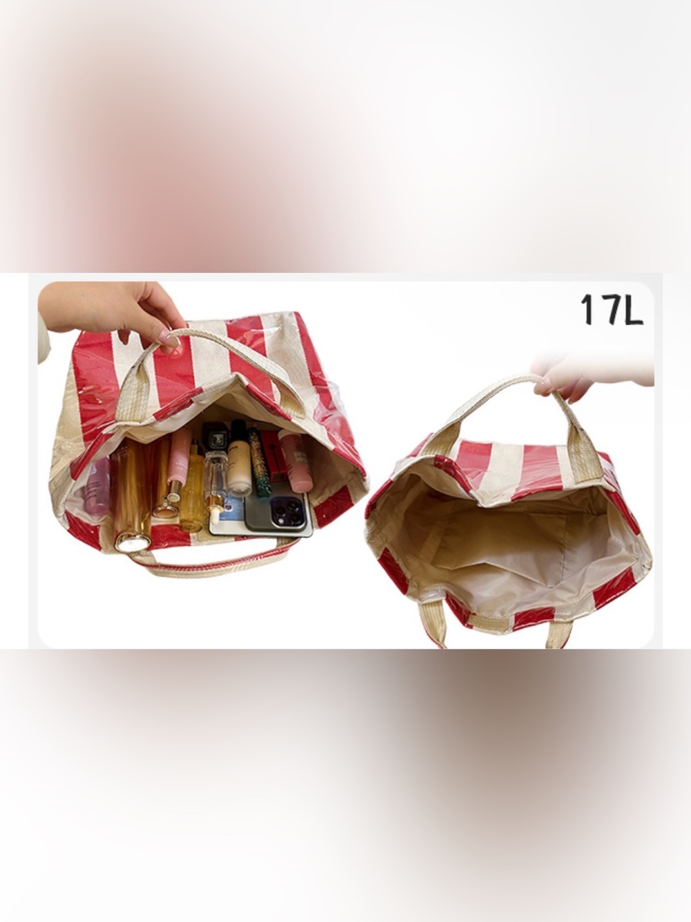Coastal Red & Cream Striped Canvas Tote Bag w/ matching makeup bag - Picture 4 of 5